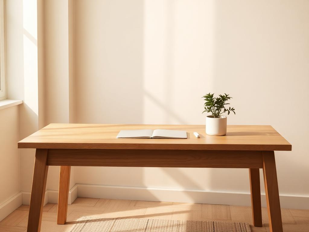 Low oak desk with small plants in a warm minimal room